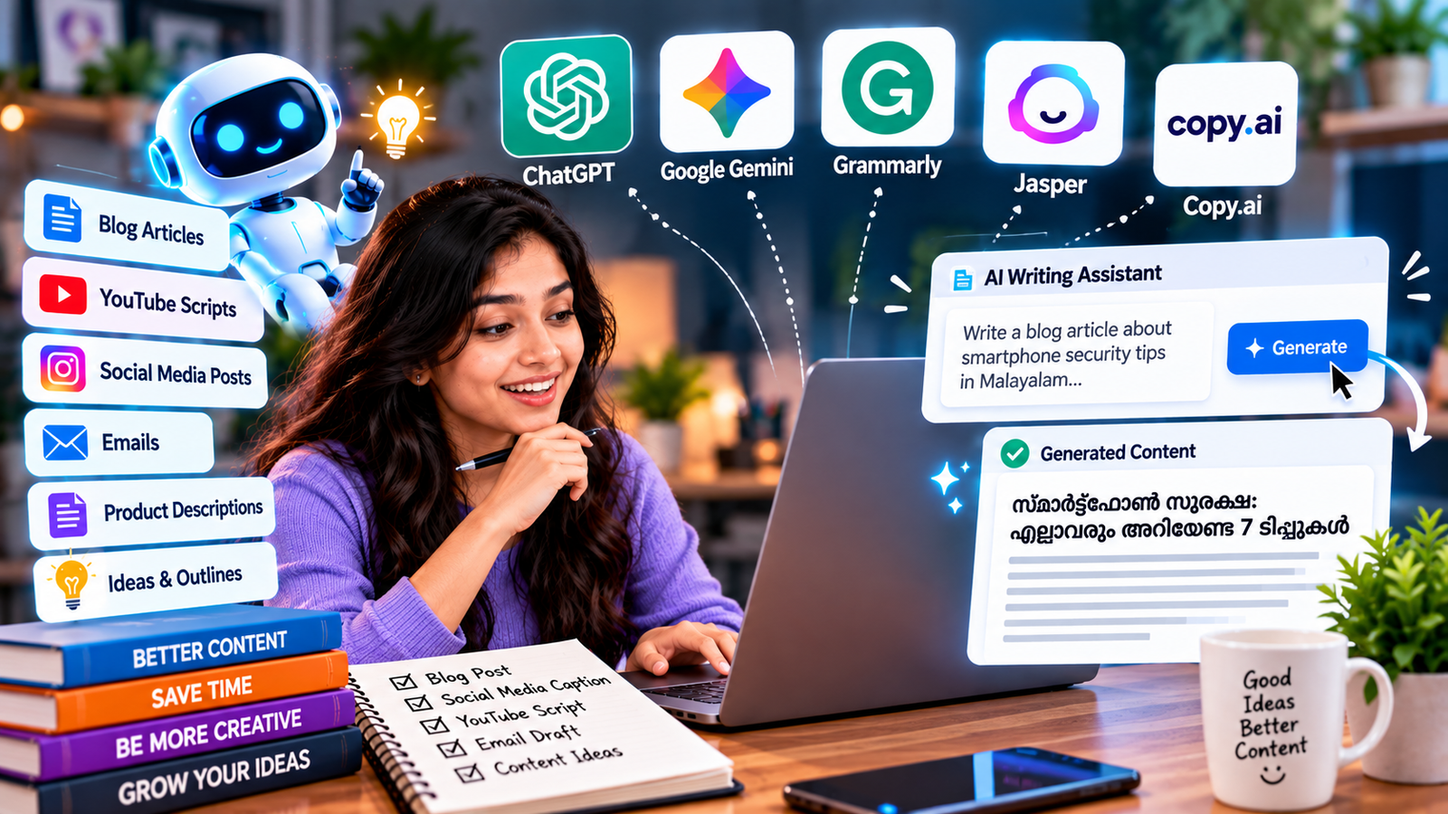 **Gallery Image Alt Text:**
`AI Writing Tools ഉപയോഗിച്ച് Blog, YouTube Script, Social Media Content, Email എന്നിവ തയ്യാറാക്കുന്നത്`