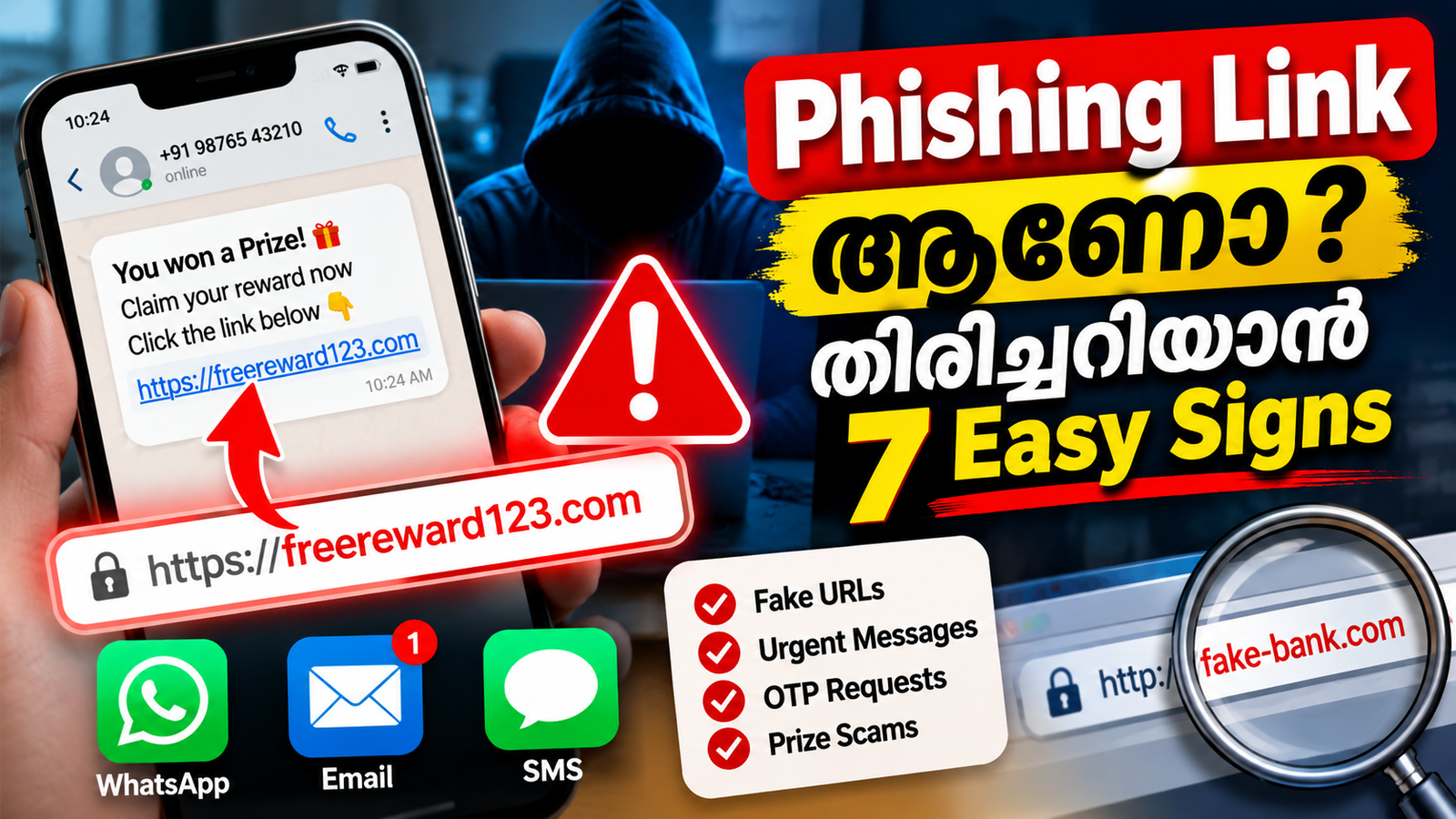 രണ്ടാമത്തെ **gallery image** തയ്യാറാക്കി ✅

**Alt Text:**
`Phishing Link തിരിച്ചറിയാൻ Fake URL, Urgent Message, OTP Request, Prize Scam എന്നിവ പരിശോധിക്കുന്നത്`
